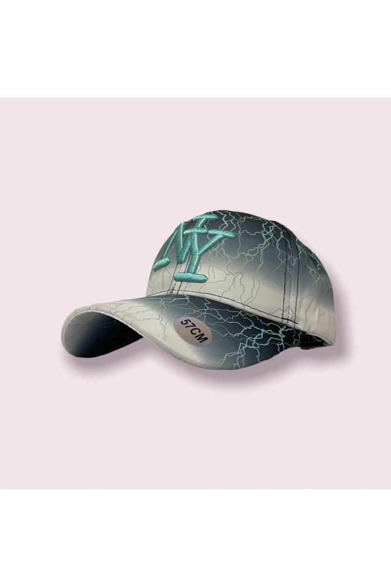 Gray and turquoise New York cap with lightning bolt and tie-dye print - 2
