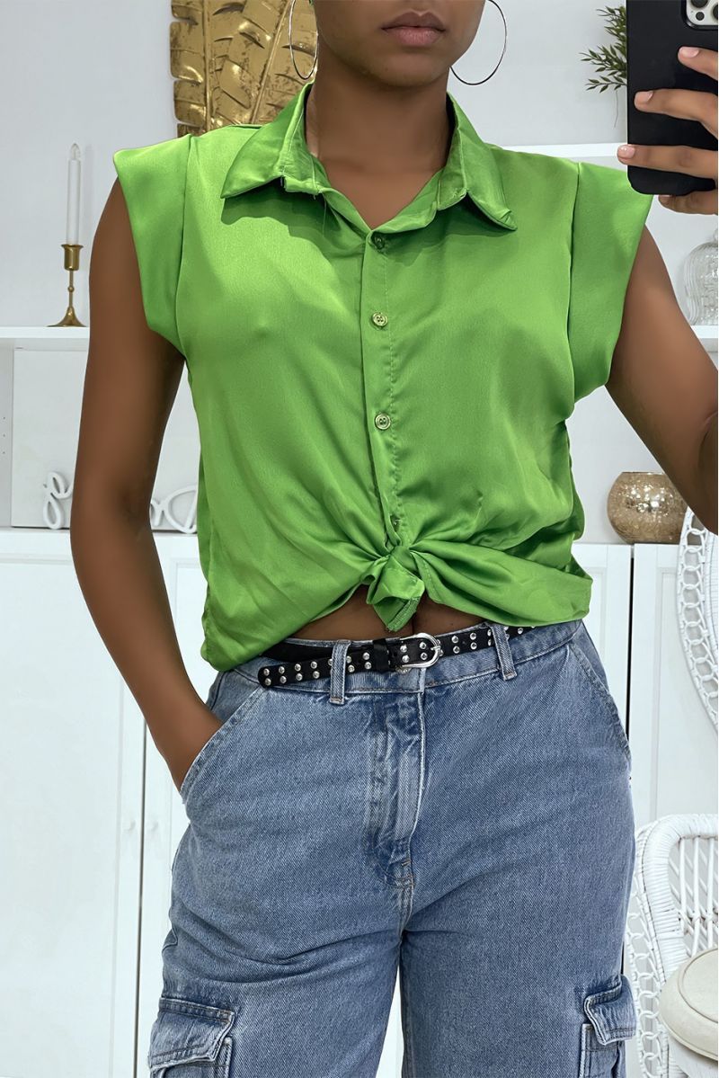 Lime green satin shirt with short sleeves in vibrant color, super trendy this summer - 2