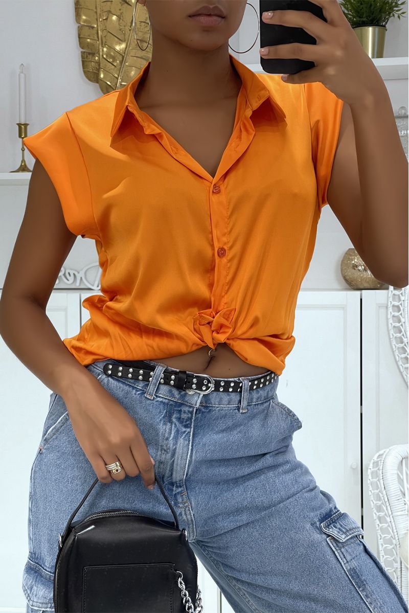 Orange satin shirt with short sleeves, vitamin color, super trendy this summer - 1
