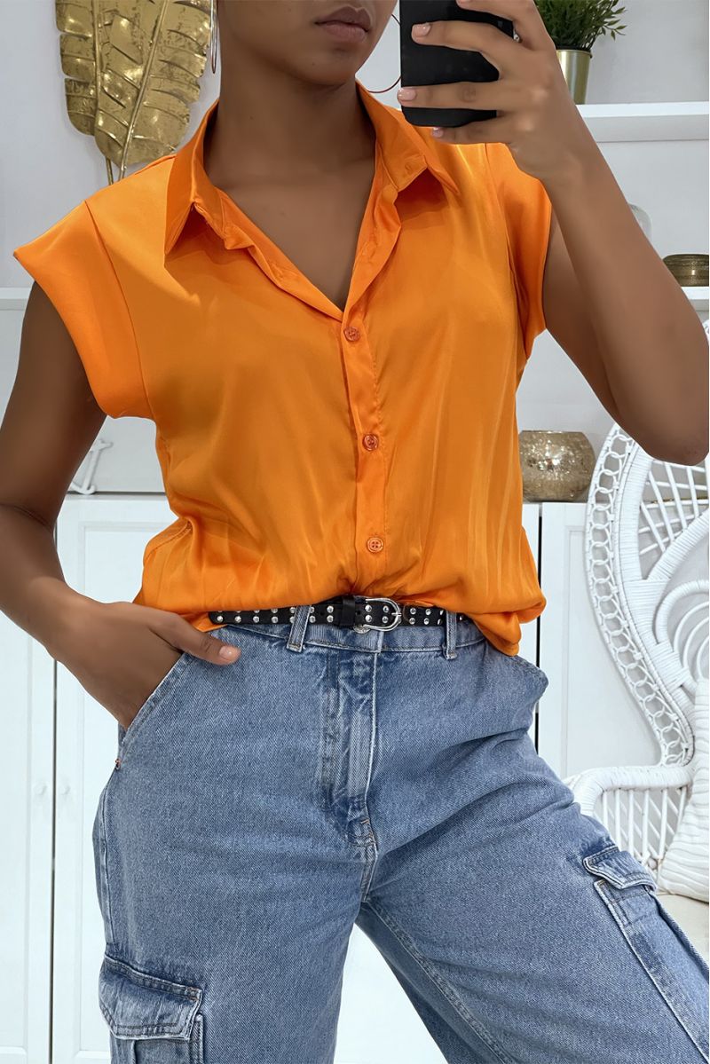 Orange satin shirt with short sleeves, vitamin color, super trendy this summer - 3