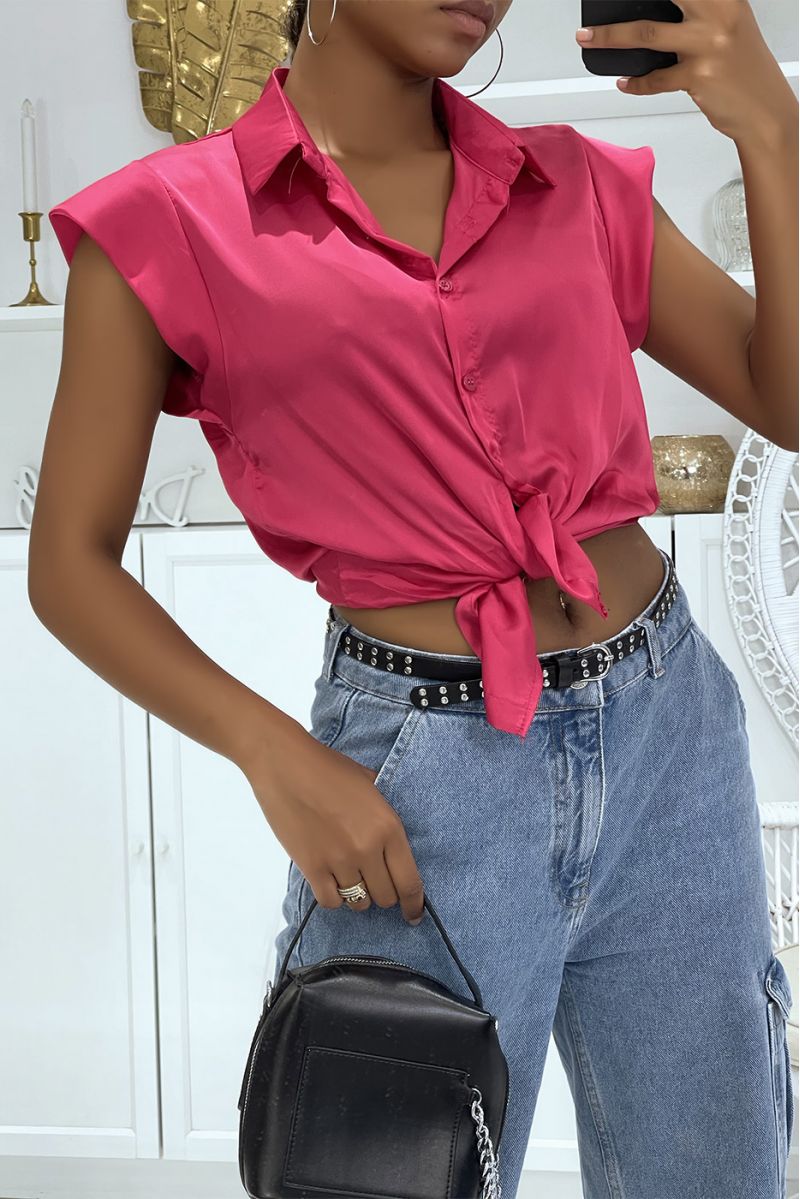 Short-sleeved fuchsia satin shirt in a vitamin color, super trendy this summer - 1