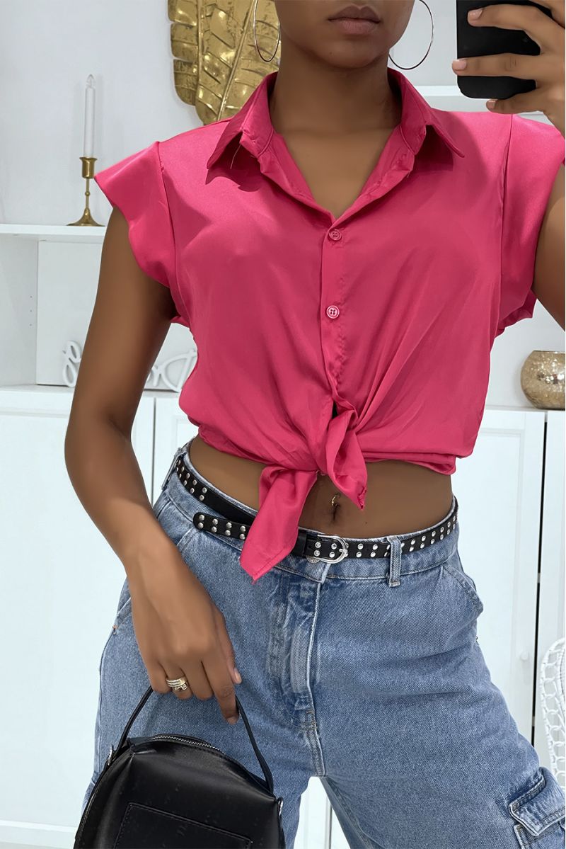 Short-sleeved fuchsia satin shirt in a vitamin color, super trendy this summer - 2