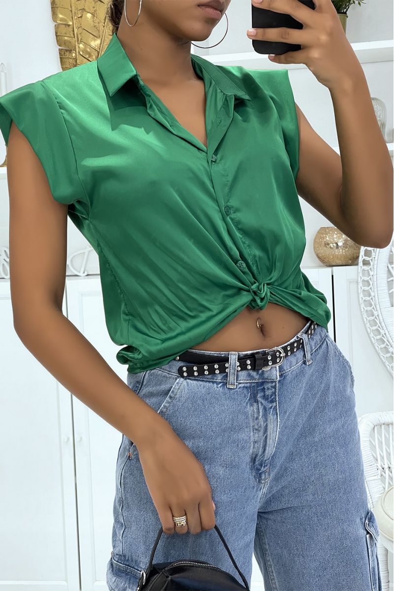 Green satiny shirt with short sleeves in vitamin color, super trendy this summer - 1