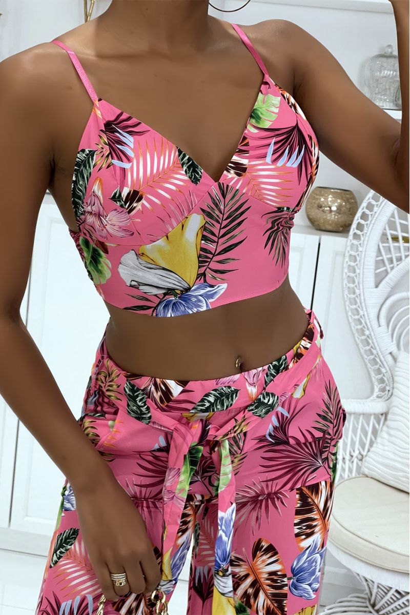 Vloeiend roze set met crop top met gebladerte print, bustier met V-hals en dunne bandjes en cropped broek - 5