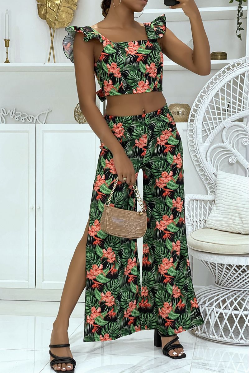 MaMMifique ensemble noir fleurie pantalon patte d'éléphants fendus sur les cotés et crop top qui se noue au dos - 1