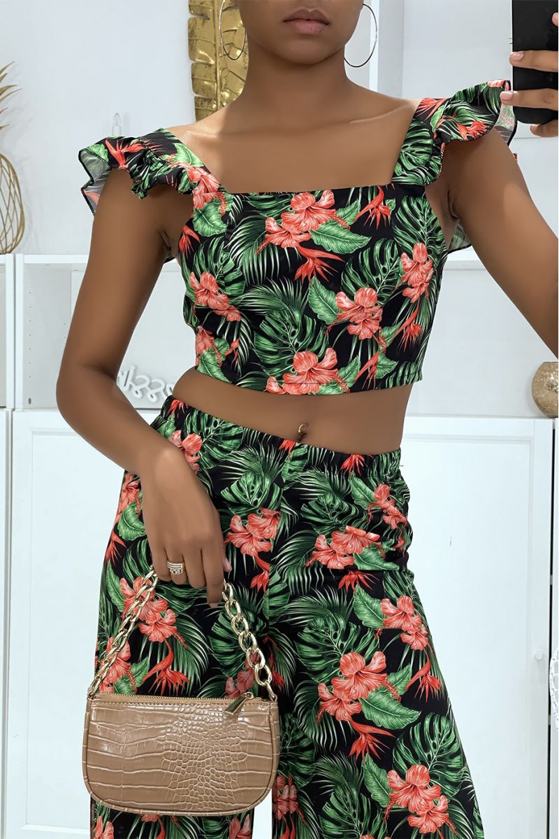 MaMMifique ensemble noir fleurie pantalon patte d'éléphants fendus sur les cotés et crop top qui se noue au dos - 3