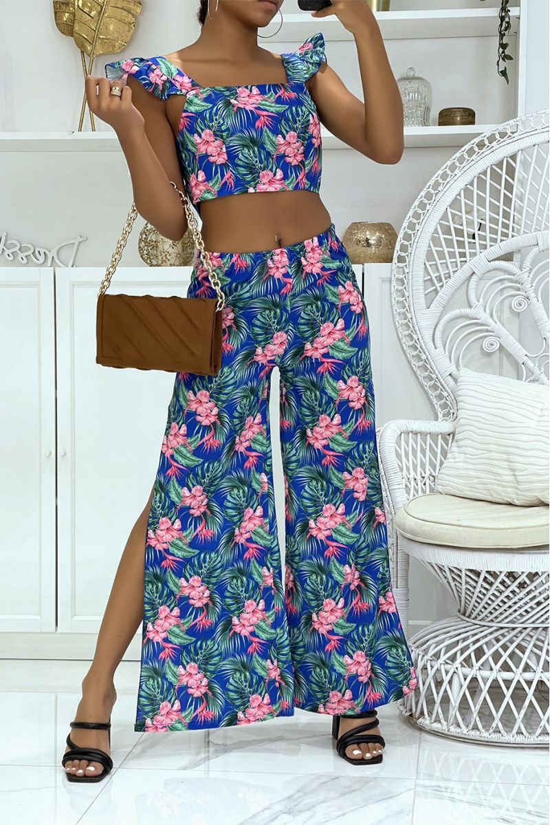Magnifique ensemble royal fleurie pantalon patte d'éléphants fendus sur les cotés et crop top qui se noue au dos - 1
