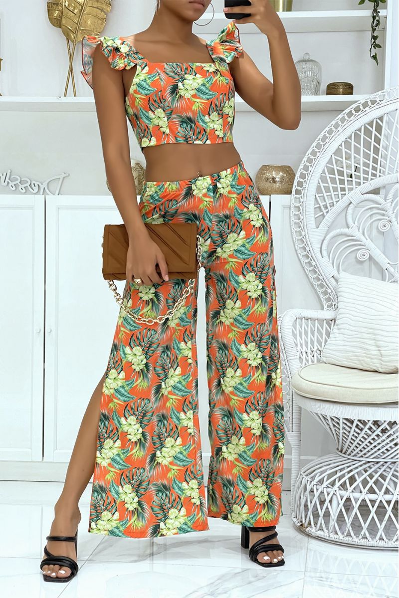 Magnificent floral orange set with elephant leg trousers with slits on the sides and crop top that ties at the back - 1