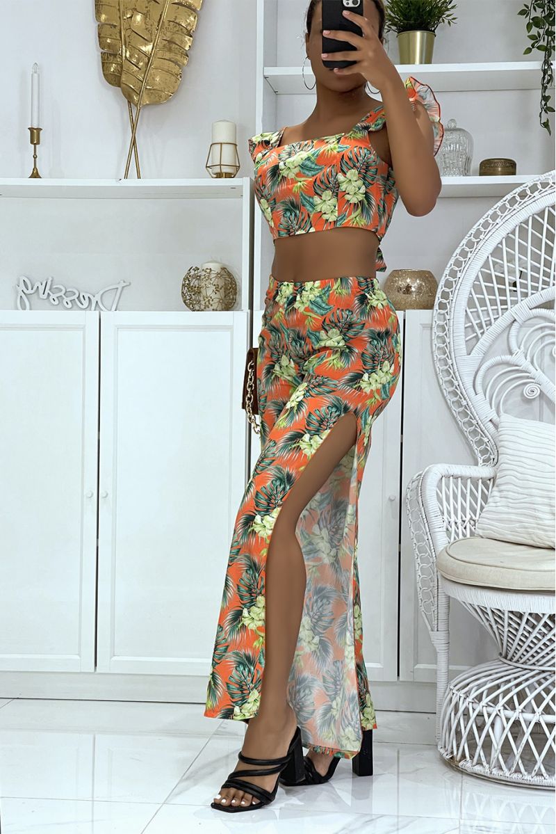 Magnifique ensemble orange fleurie pantalon patte d'éléphants fendus sur les cotés et crop top qui se noue au dos - 4
