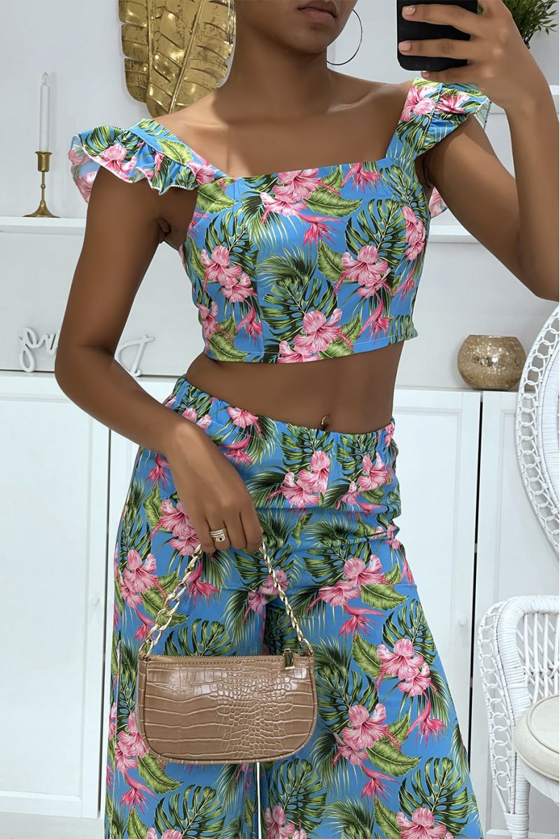 Magnifique ensemble turquoise fleurie pantalon patte d'éléphants fendus sur les cotés et crop top qui se noue au dos - 2