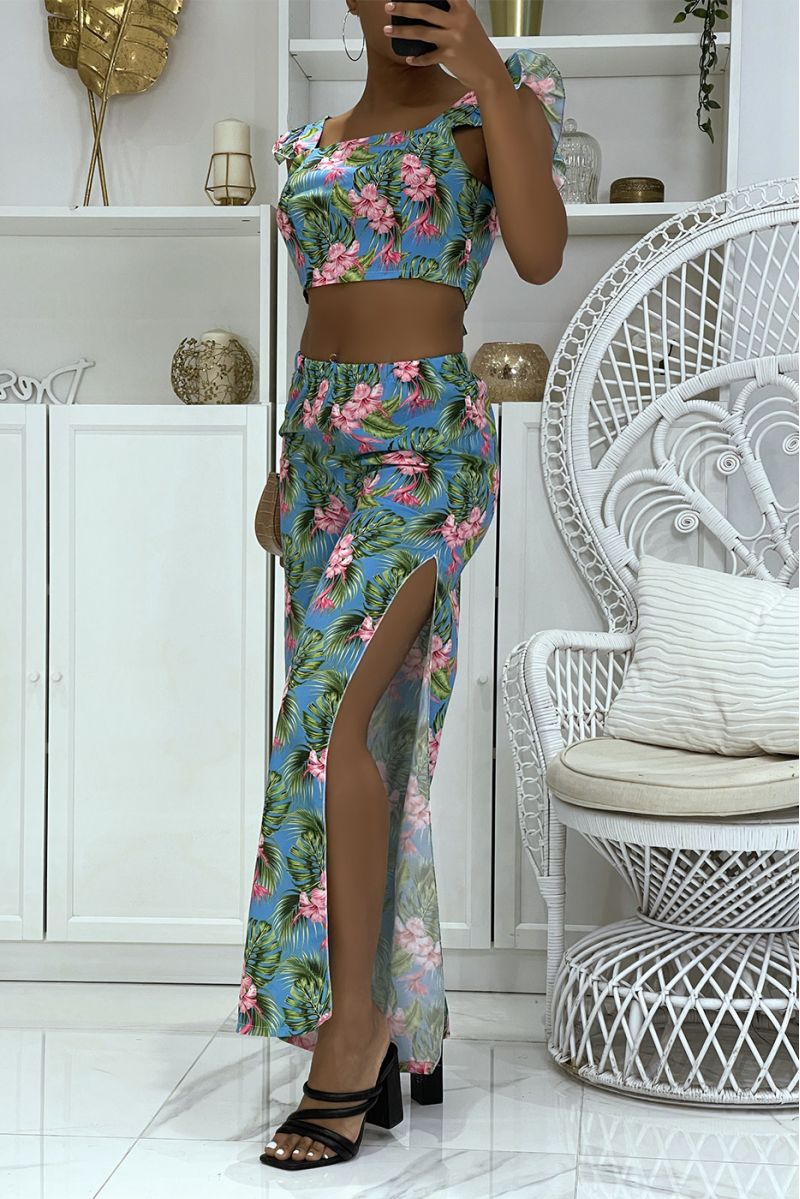 Magnifique ensemble turquoise fleurie pantalon patte d'éléphants fendus sur les cotés et crop top qui se noue au dos - 4