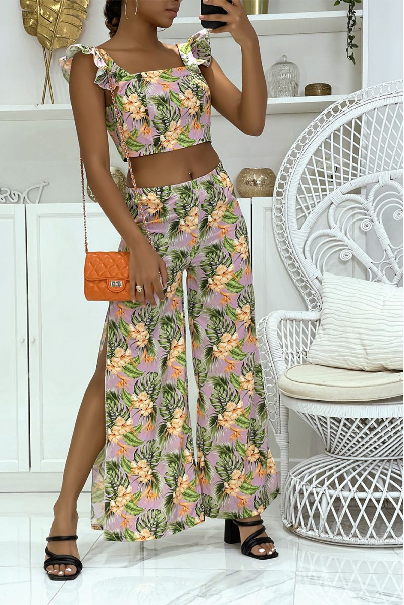 Magnifique ensemble lilas fleurie pantalon patte d'éléphants fendus sur les cotés et crop top qui se noue au dos - 1