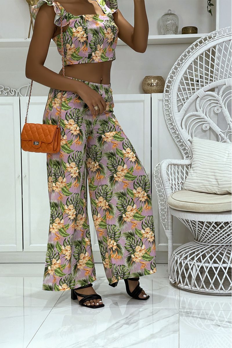 Magnifique ensemble lilas fleurie pantalon patte d'éléphants fendus sur les cotés et crop top qui se noue au dos - 2