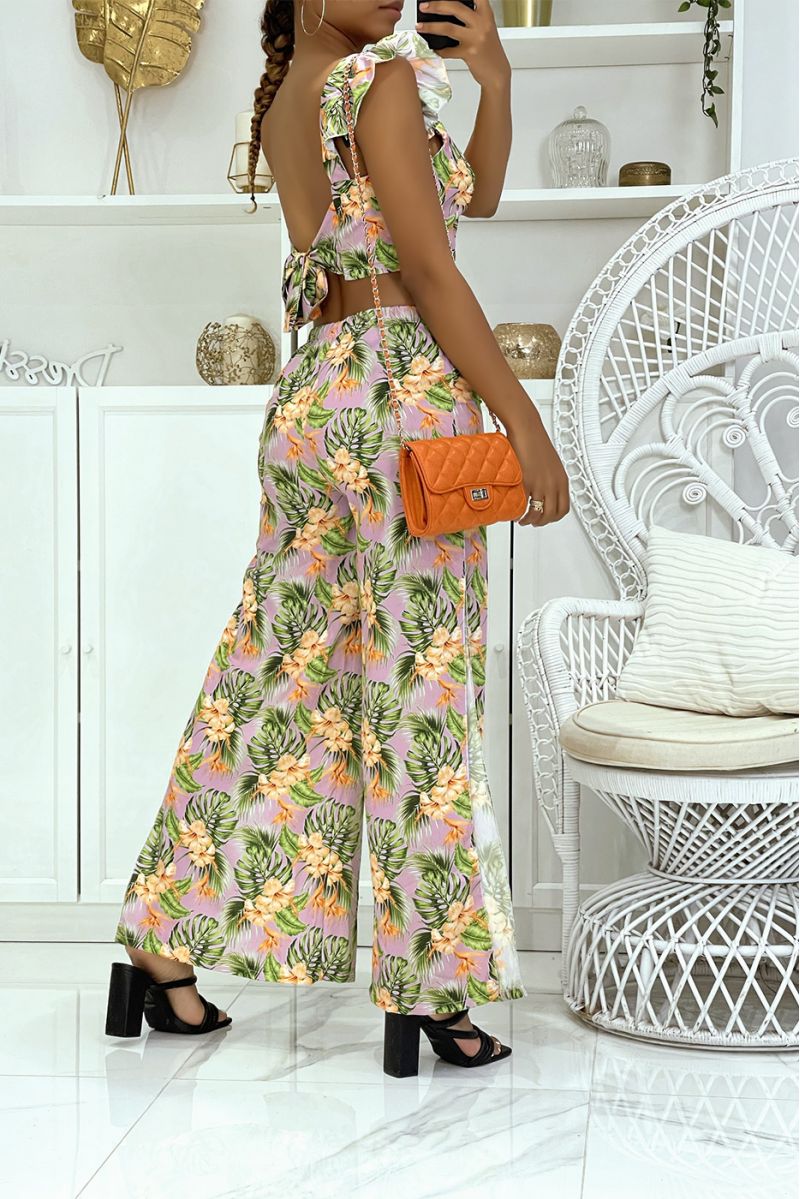 Magnificent floral lilac set with elephant leg trousers with slits on the sides and crop top that ties at the back - 3