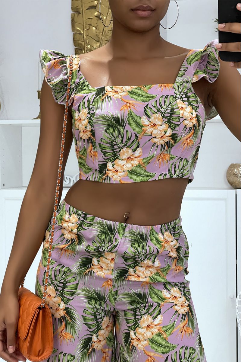 Magnifique ensemble lilas fleurie pantalon patte d'éléphants fendus sur les cotés et crop top qui se noue au dos - 5