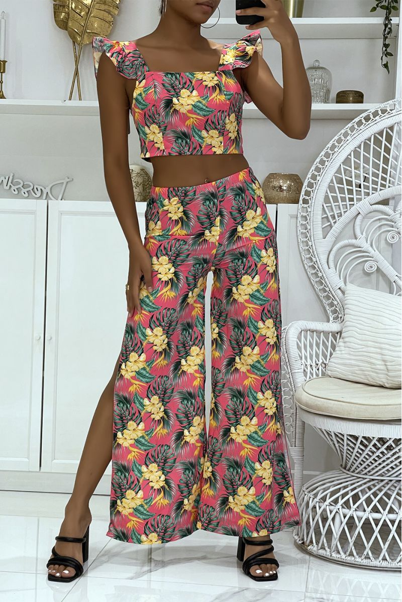 Magnifique ensemble fuchsia fleurie pantalon patte d'éléphants fendus sur les cotés et crop top qui se noue au dos - 1
