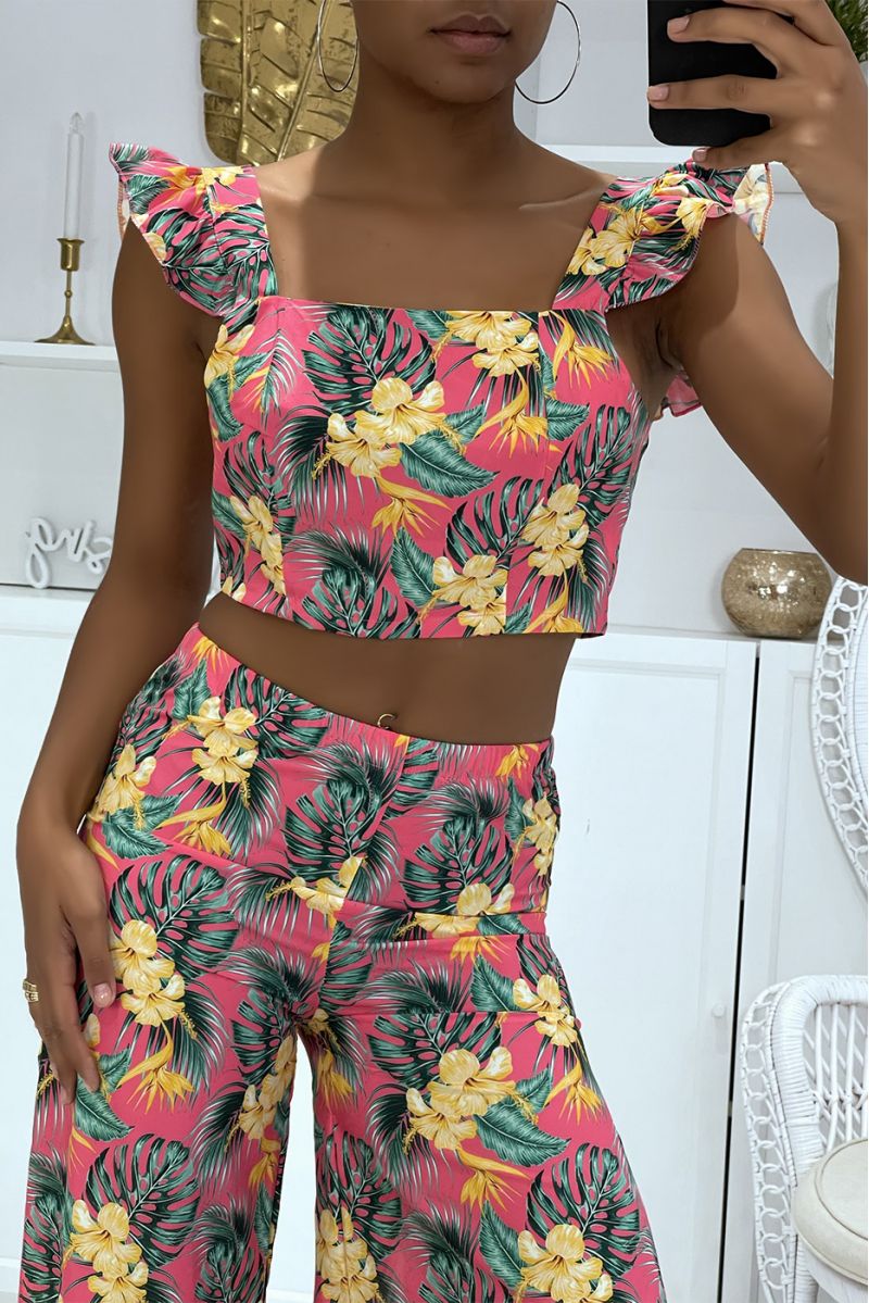 Magnifique ensemble fuchsia fleurie pantalon patte d'éléphants fendus sur les cotés et crop top qui se noue au dos - 2