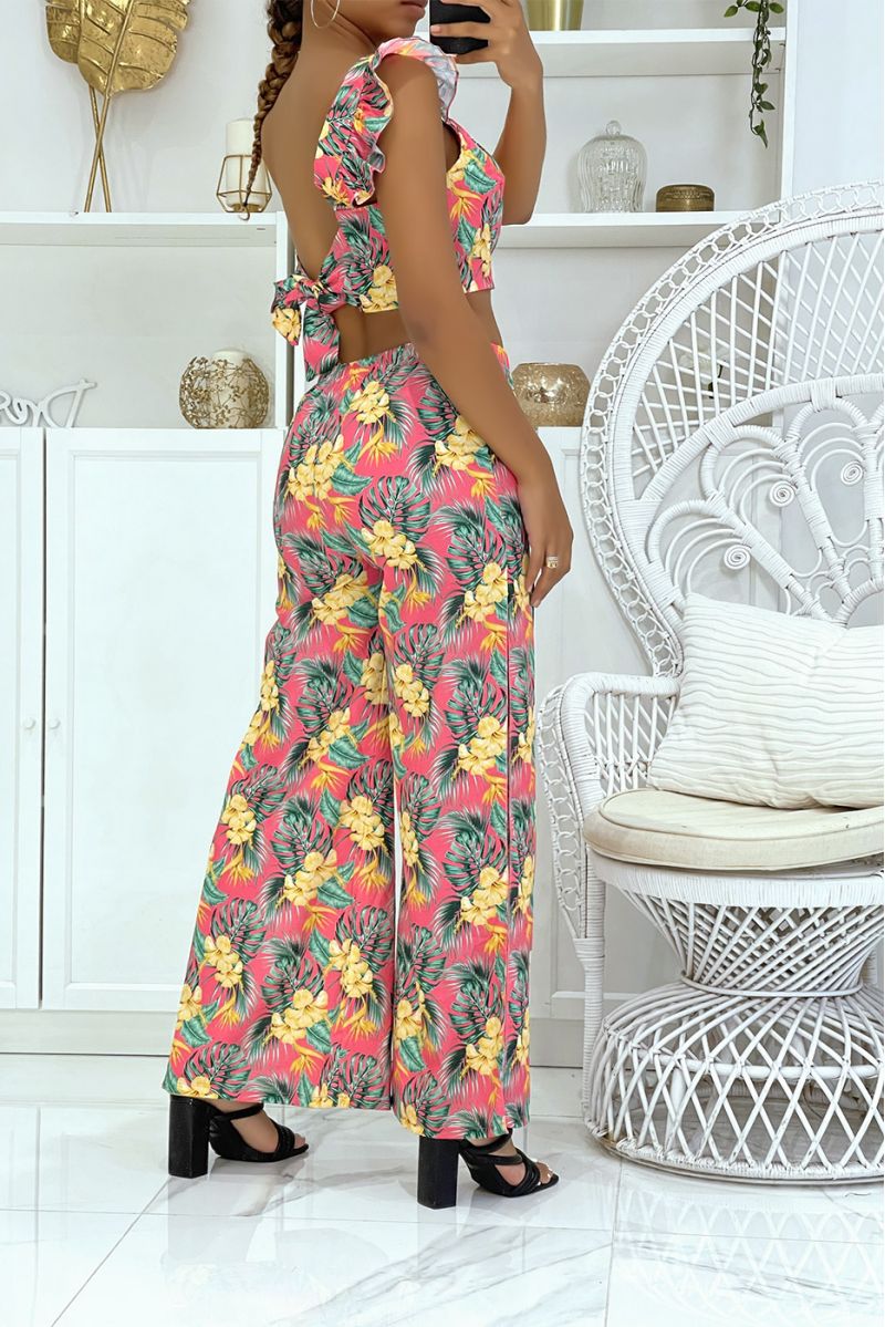 Magnificent fuchsia floral set with elephant leg trousers with slits on the sides and crop top that ties at the back - 3