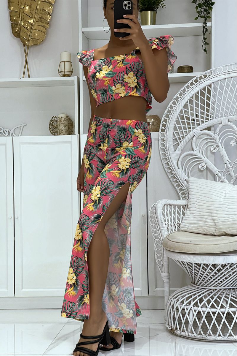 Magnificent fuchsia floral set with elephant leg trousers with slits on the sides and crop top that ties at the back - 5