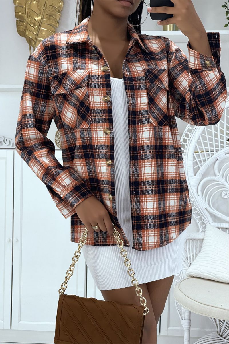 On orange checkered lumberjack style shirt with lapel collar and buttons ideal for an autumn evening - 2