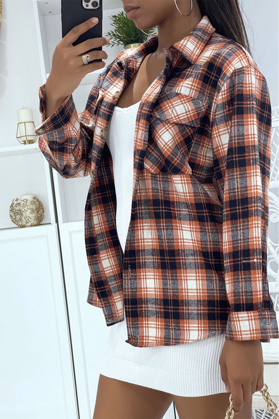 On orange checkered lumberjack style shirt with lapel collar and buttons ideal for an autumn evening - 4