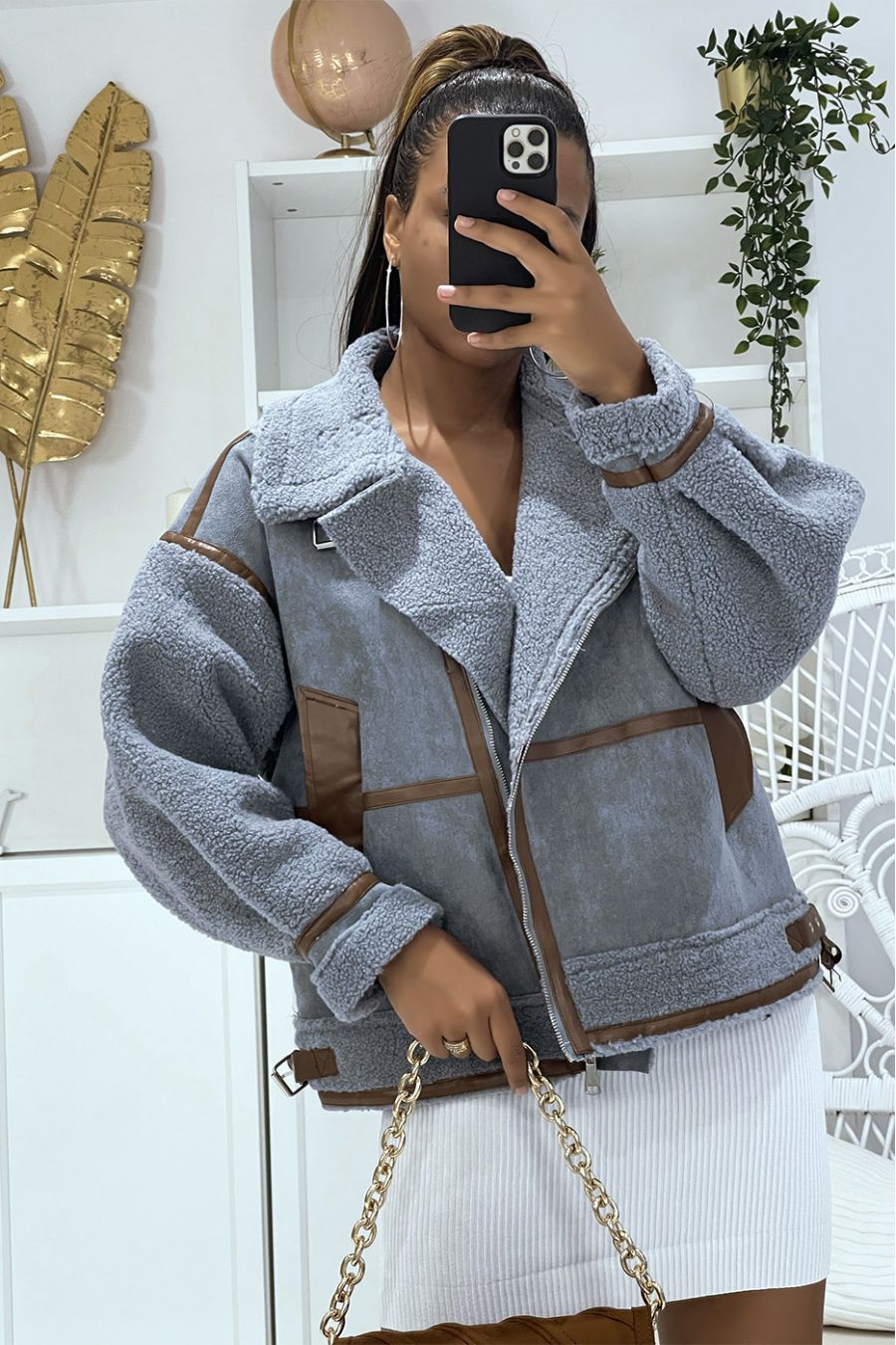 Warm and soft blue gray bomber jacket with suede effect and fleece