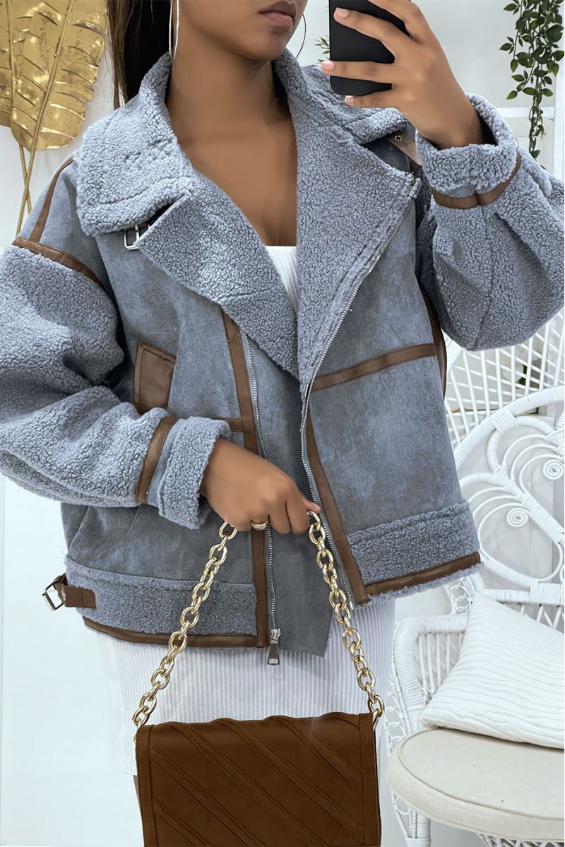 Warm and soft blue gray bomber jacket with suede effect and fleece perfect for winter - 2
