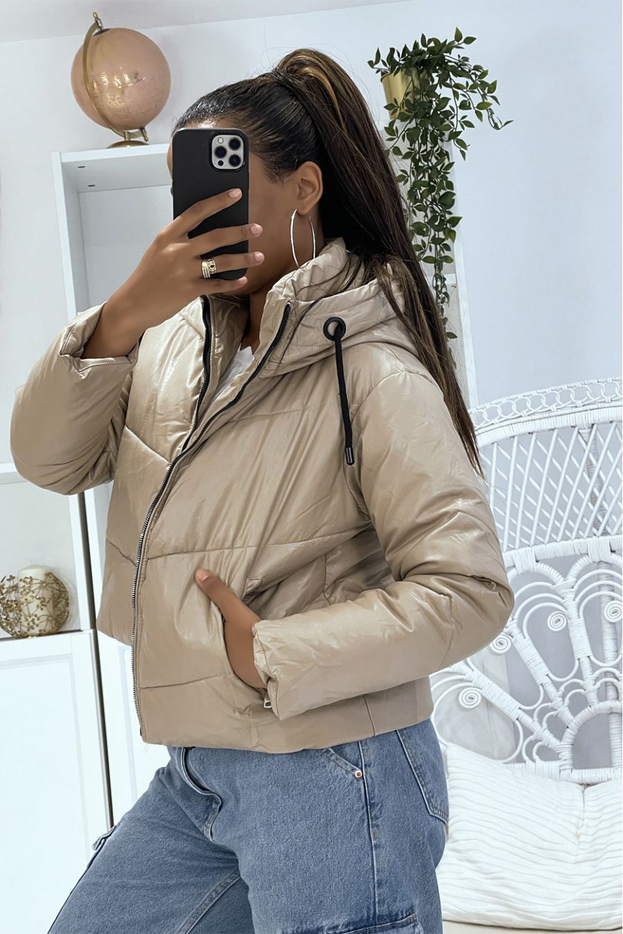 Beige faux leather down jacket with black and silver zipper, hood and laces at the collar - 4