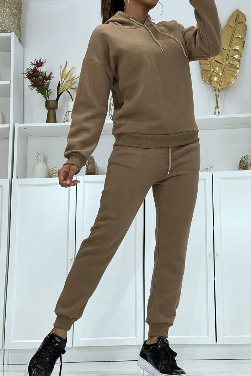 Bruine 3-delige warme en comfortabele joggingset en super trendy oversized shirt - 1