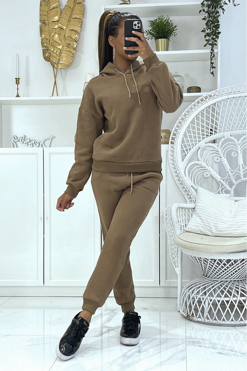 Bruine 3-delige warme en comfortabele joggingset en super trendy oversized shirt - 2