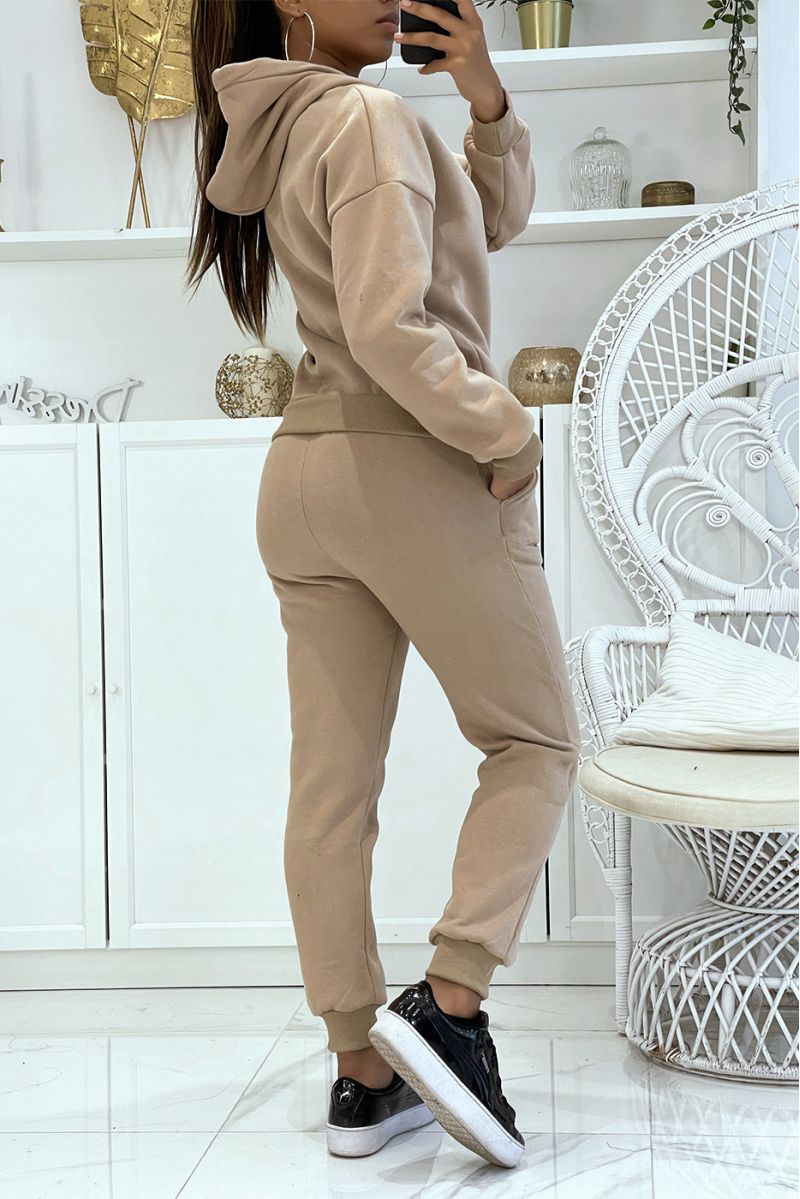 Taupe 3-delige warme en comfortabele joggingset en super trendy oversized shirt - 3