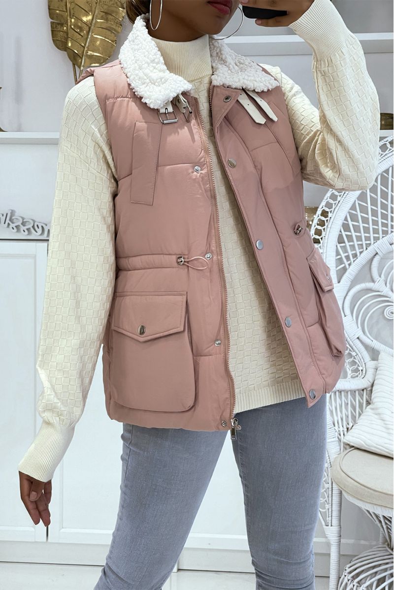 Pink sleeveless puffer jacket with sheepskin collar - 1