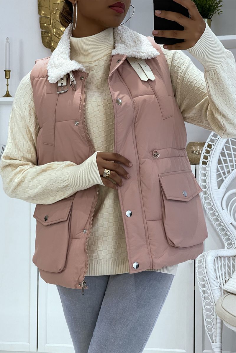 Pink sleeveless puffer jacket with sheepskin collar - 2