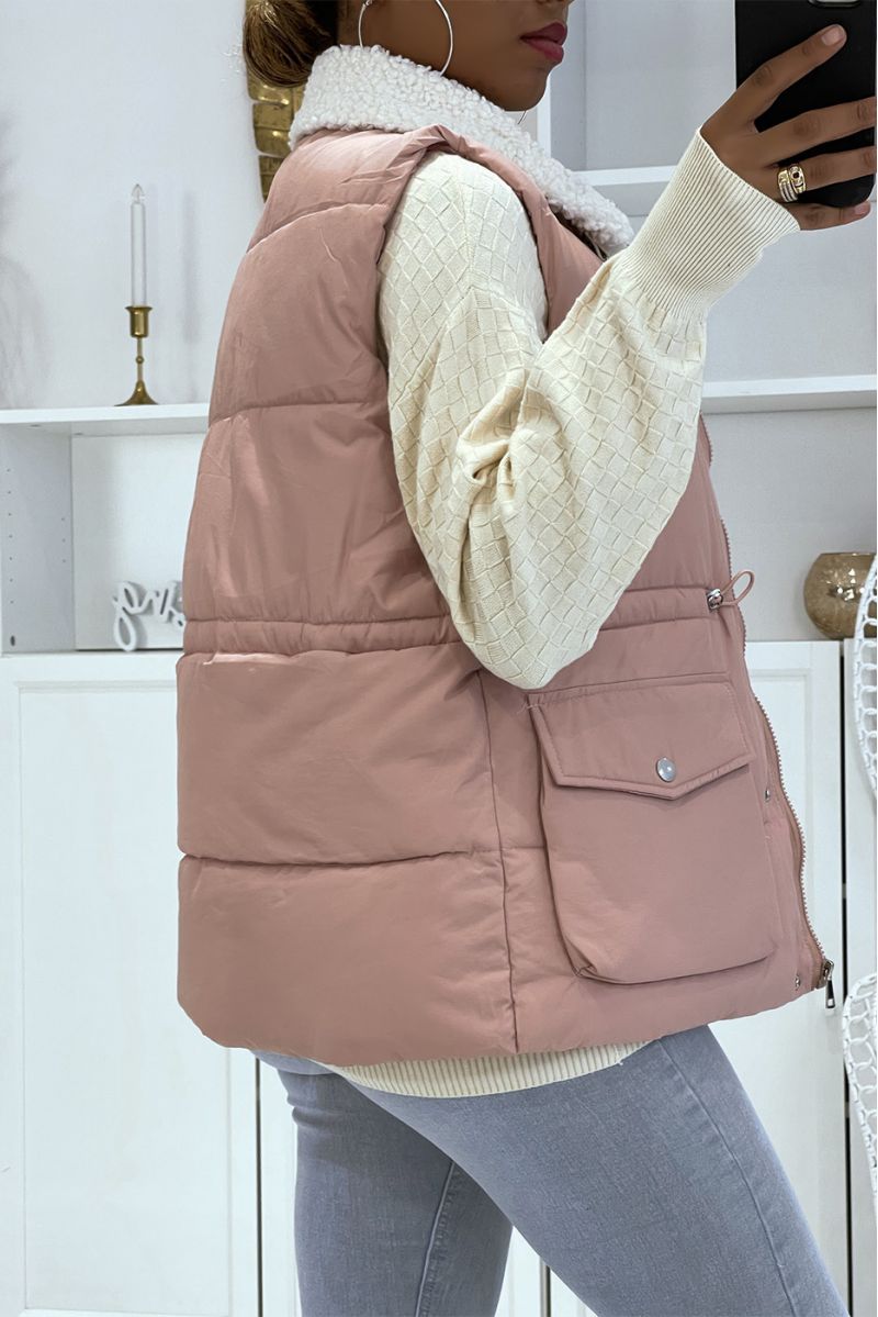 Pink sleeveless puffer jacket with sheepskin collar - 3