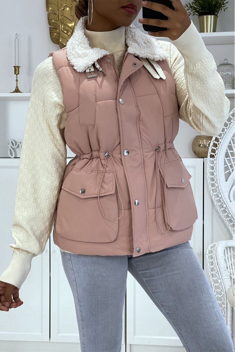 Pink sleeveless puffer jacket with sheepskin collar - 4