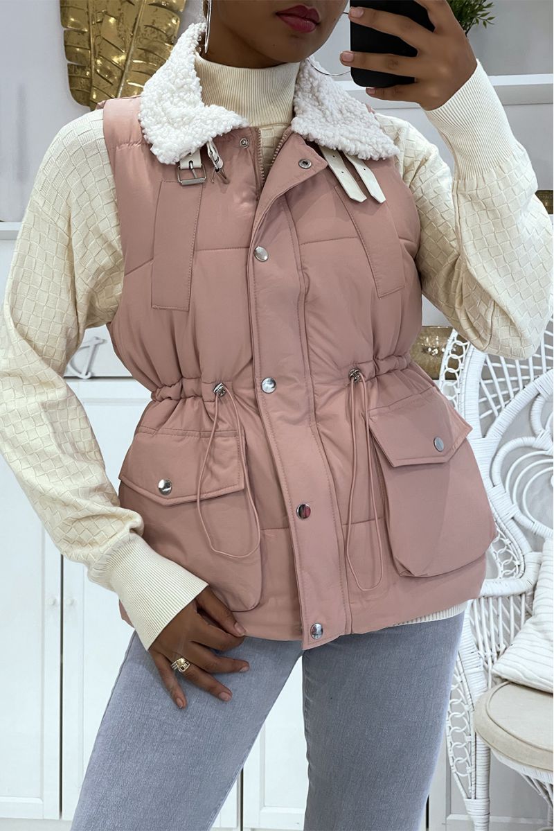 Pink sleeveless puffer jacket with sheepskin collar - 5