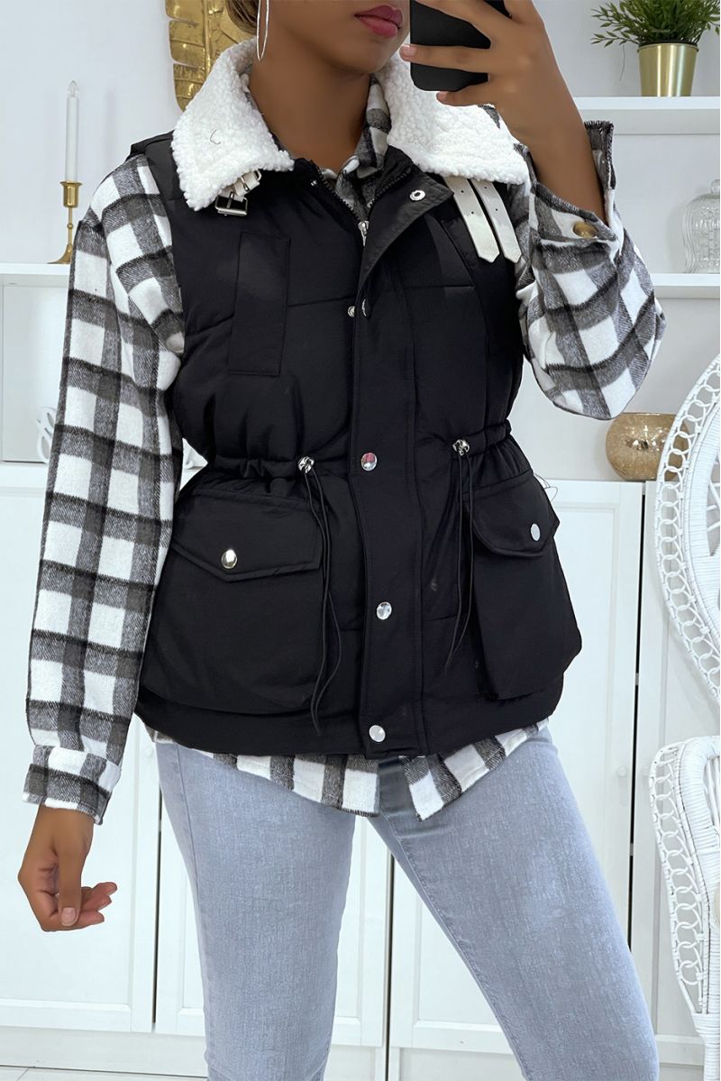 Black sleeveless puffer jacket with sheepskin collar - 4