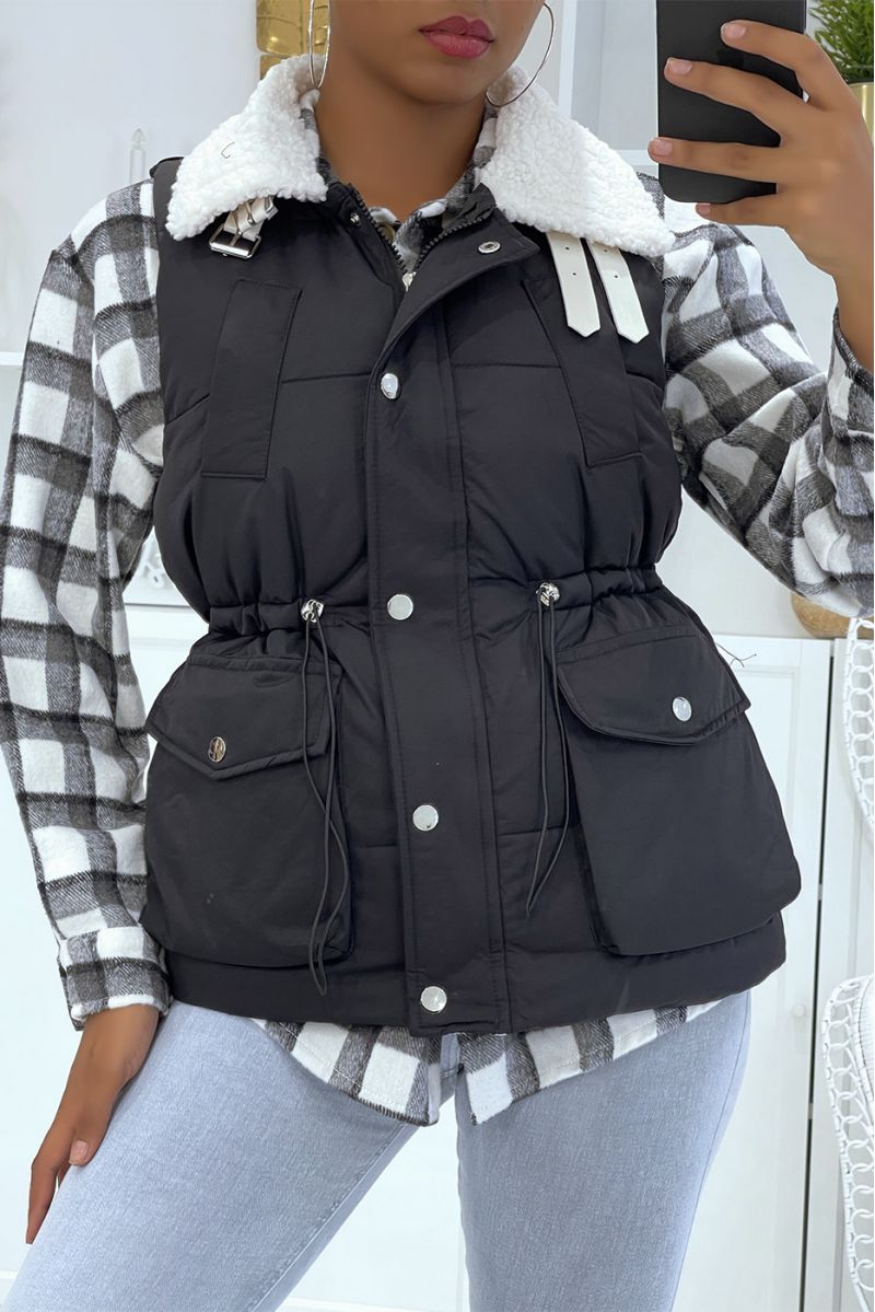 Black sleeveless puffer jacket with sheepskin collar - 6