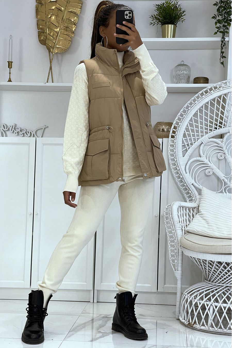 Camel sleeveless puffer jacket with high collar, pretty gold buttons and large sleeves - 1