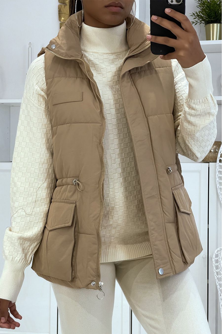 Camel sleeveless puffer jacket with high collar, pretty gold buttons and large sleeves - 2