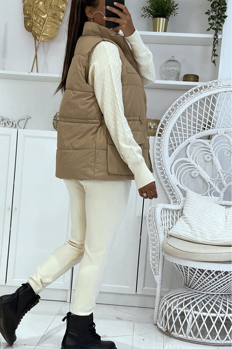 Camel sleeveless puffer jacket with high collar, pretty gold buttons and large sleeves - 3