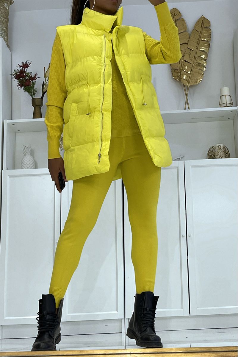 3-piece yellow down jacket and ribbed joggers winter set  Casual chic and cocooning style - 1