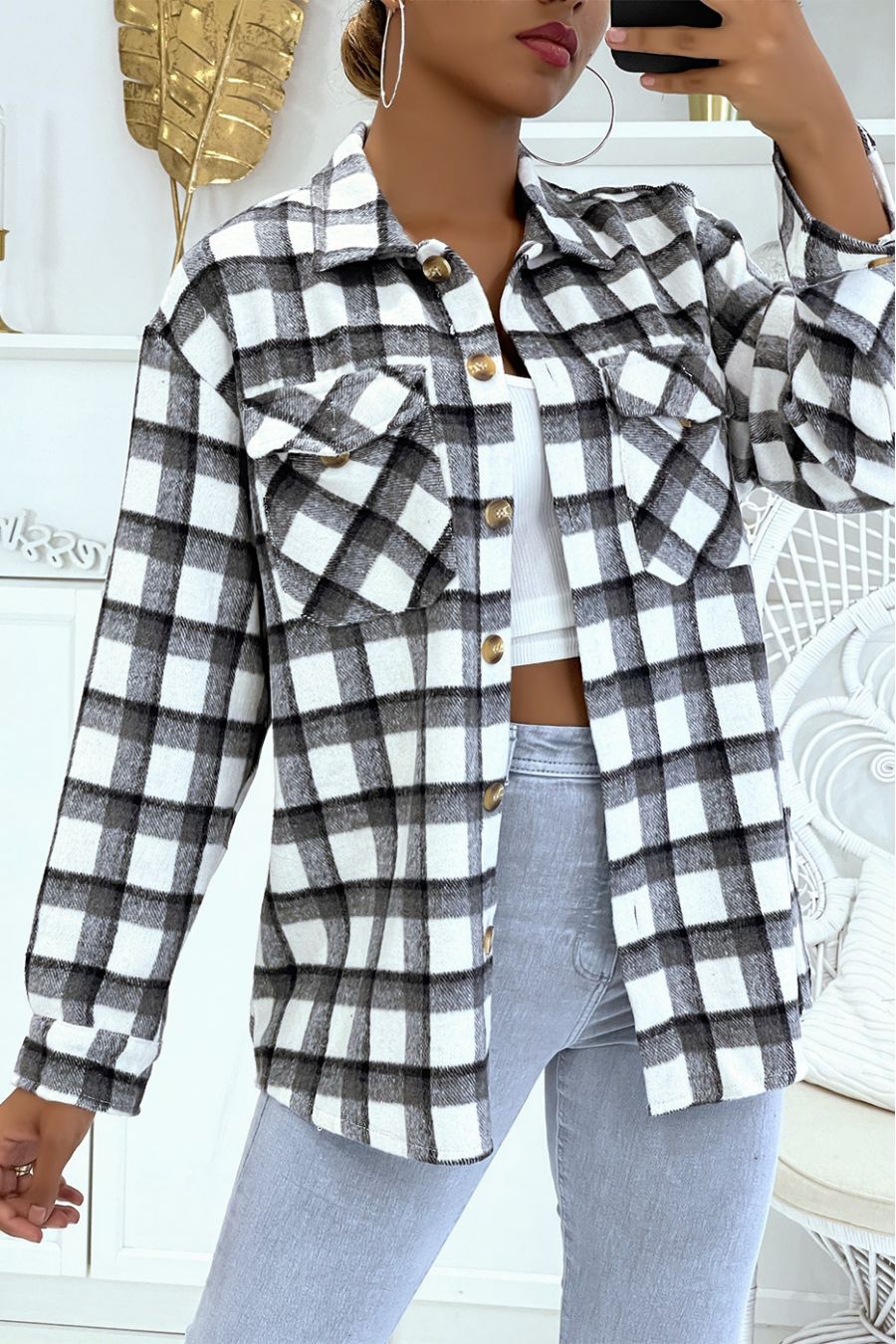 On a warm and soft black checked shirt - 2