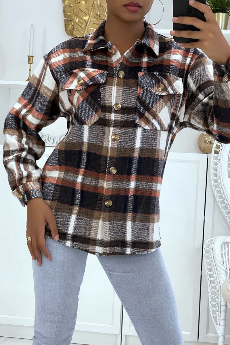 On a warm and soft brown checked shirt - 2