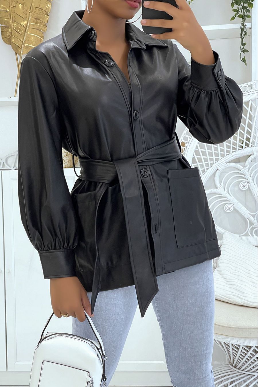 Black faux leather jacket with shirt cut and belt - 1