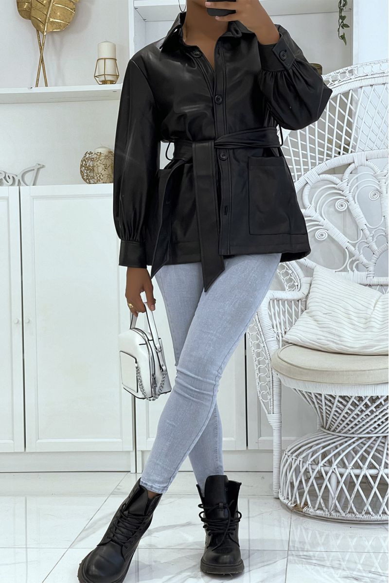 Black faux leather jacket with shirt cut and belt - 2
