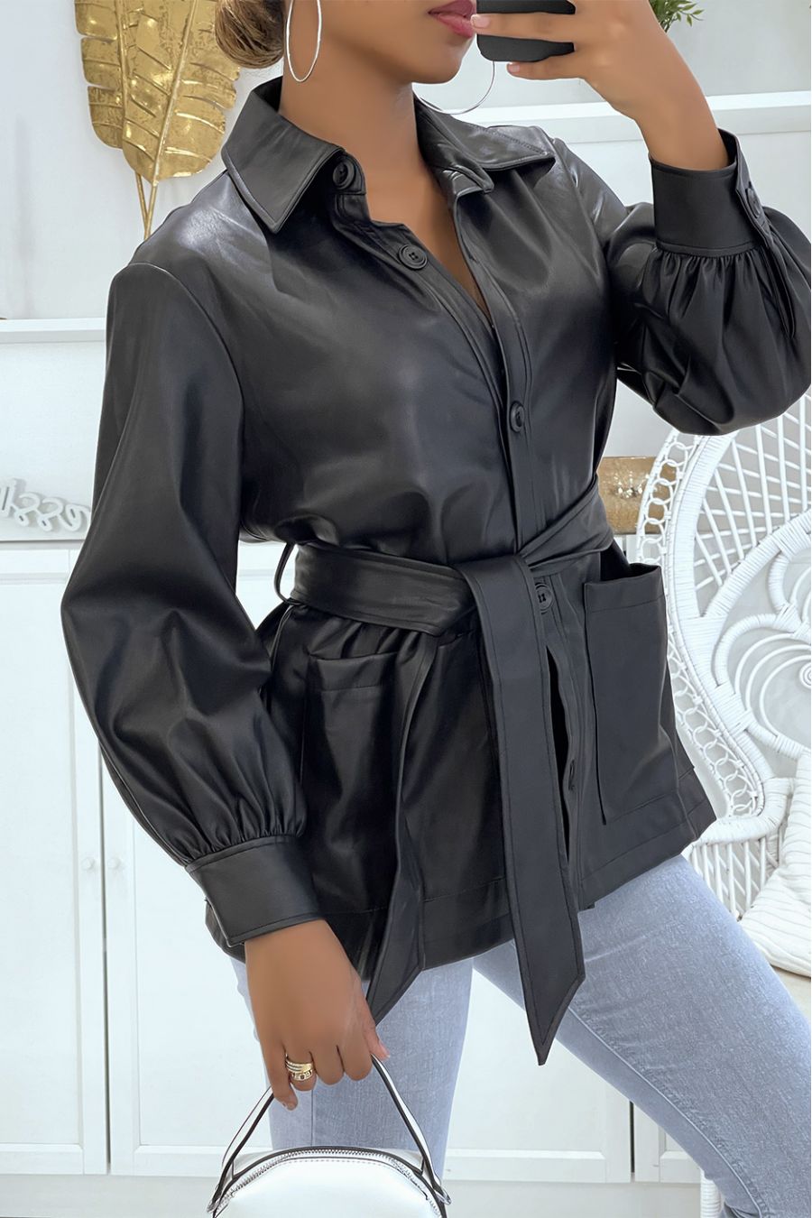 Black faux leather jacket with shirt cut and belt - 3