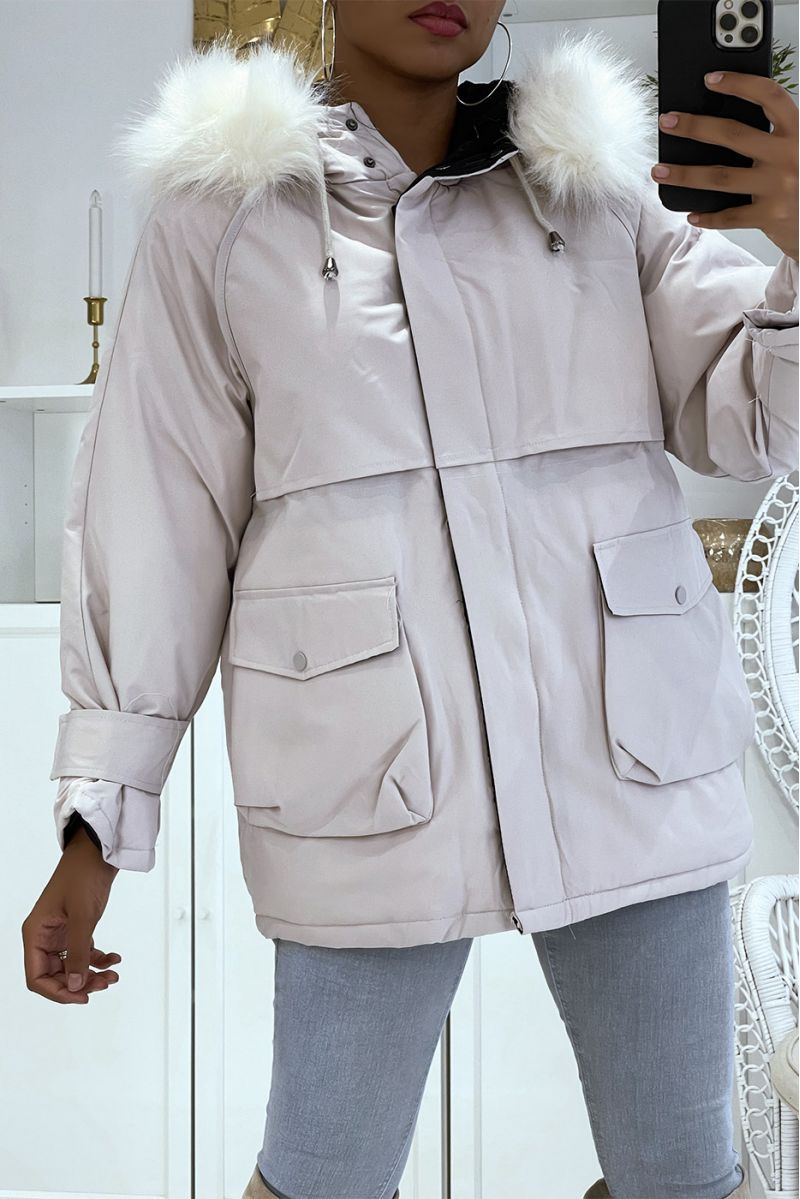 Parka mi-longue gris clair à fausse fourrure blanche - 4