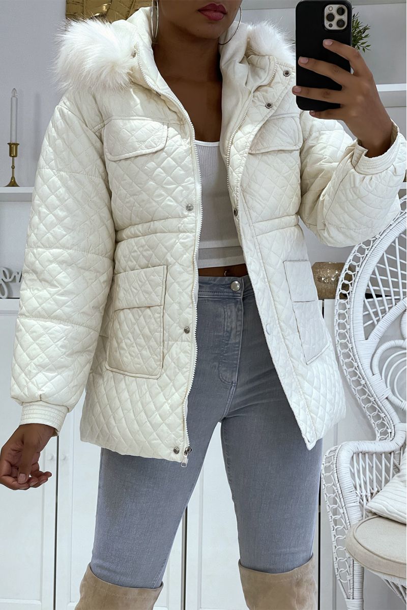 Lichtwitte halflange parka met wit imitatiebont - 2