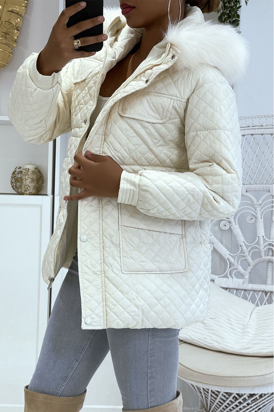 Parka mi-longue blanche clair à fausse fourrure blanche - 3